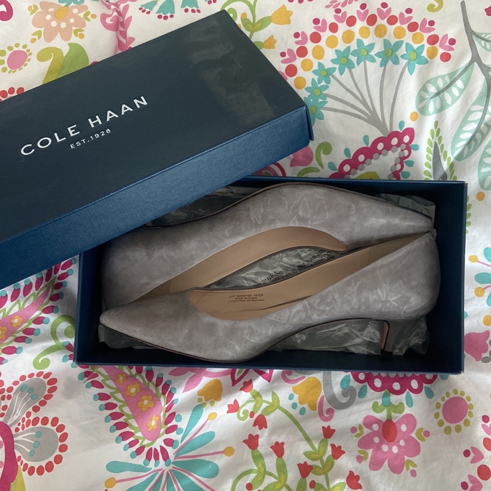 Gray suede Cole Haan kitten heels